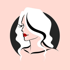 Abstract vector portrait of a white haired woman on light pink background.