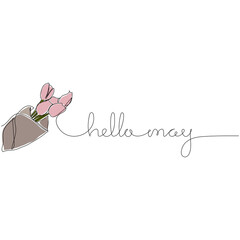 Hello May - handwritten inscription with bouquet of pink tulips. Continuous one line drawing. Spring time concept.
