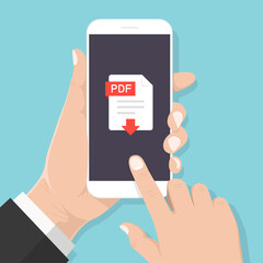 Flat design style human hand holding smartphone with pdf document download  symbol on the screen.vector design element illustration.