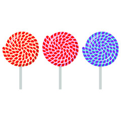 Swirl lollipop candy. three colored sugar candy vector illustration