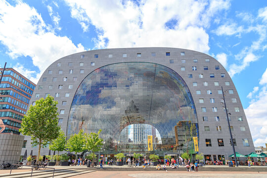 Rotterdam, Netherlands - July 1, 2019: the most photographed icon of Rotterdam architecture - Markthal, designed by Winy Maas. Cornucopia (2014) Arno Coenen and Iris Roskam