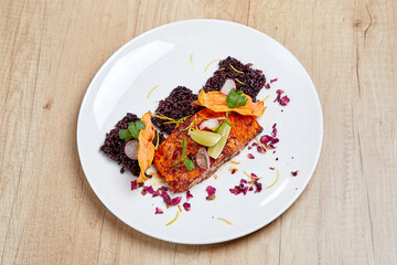 grilled salmon steak with sauce