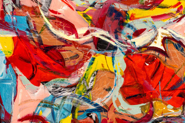 Abstract painting fragment with vibrant colors, strong shapes and brushstrokes textures. Artistic unique painting.