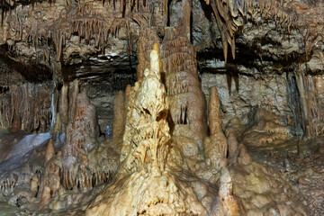 New Athos cave with stalactites and stalagmites in Abkhazia. New Athos cave with stalactites and stalagmites in Abkhazia. A huge underground cave.