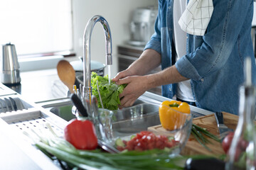 Portrait of man preparing wash fresh vegetables salad splashing in water on counter standing in the home kitchen.