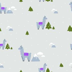 Llama seamless pattern on the snowy background. Alpaca and mountains. 