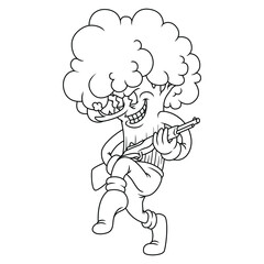 Coloring illustration of cartoon tree holding a gun