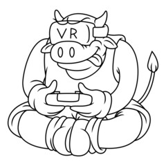Coloring illustration of cartoon buffalo playing a virtual reality games