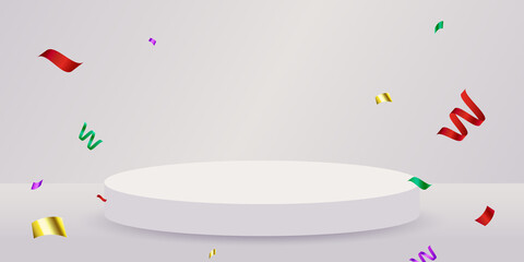3d white podium background with falling color confetti. Premium product. Stage platform. Scene stand. Award show. Cosmetic presentation. Minimal design interior. Pedestal floor. Vector illustration