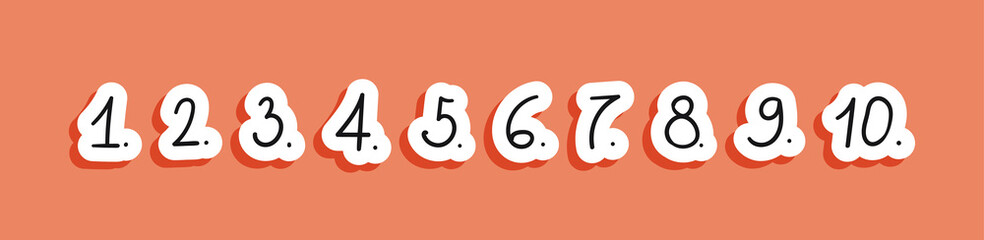 Doodle stickers checklist numbering. List of hand written numbers with dots. Hand-drawn vector illustration scribble numbers font with hatching line isolated on white background.