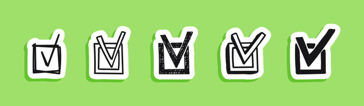 Doodle stickers checkbox set. Hand-drawn scribble check marks in a square. Vector illustration of different signs of the right choice, questionnaire, done.