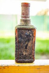 bottle vintage glassware, glass bottle for wine empty dirty kitchenware copy space food background rustic top view