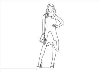 Fashion photo of a beautiful elegant young woman in a dress holding a handbag posing-continuous line drawing