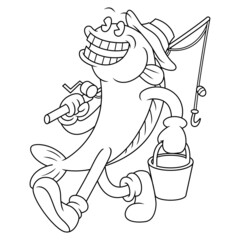 Coloring illustration of cartoon fish going to fishing