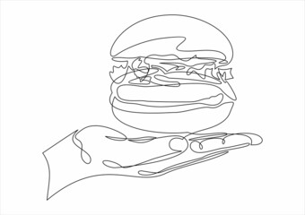 Continuous one line drawing hand holding burger fast food vector illustration.