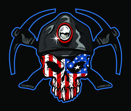 Patriotic Coal Miner Skull With Crossed Pickaxes And American Flag