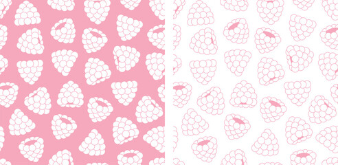 Raspberry vector illustration. Two seamless doodle patterns. Cute cartoon illustration for backgrounds and decor.