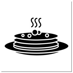 Rice pancakes glyph icon.Hot oat pancakes with blueberries on a plate. Homemade healthy breakfast. Diet and vegetarian recipe.Filled flat sign. Isolated silhouette vector illustration