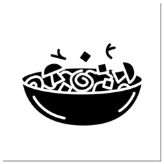Vegetable salad glyph icon.Veggie fresh salad with mushrooms and mozzarella in a bowl. Homemade healthy lunch. Diet and vegetarian recipe.Filled flat sign. Isolated silhouette vector illustration