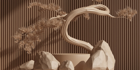 japanese style minimal abstract cosmetic background. nature light podium and bonsai tree with brown background for product presentation. 3d rendering illustration.