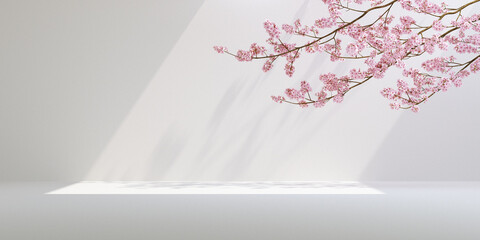 Nature light and cherry blossom with white background. for branding and product presentation. 3d rendering illustration