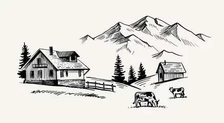 Stoff pro Meter Cow with nature landscape vector ink hand drawn. © bioraven