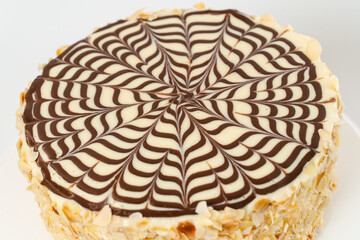 Traditional Esterhazy cake with almond on stand over white background. Side view, copy space