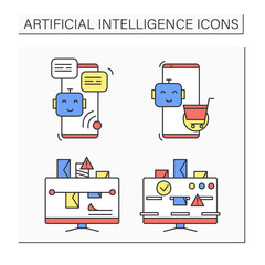  Artificial intelligence color icons set. Digital technologies illustration pictograms for business, retail, transport, communication, agriculture, security and medicine.Isolated vector illustration