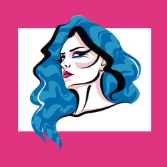 Blue-haired woman on the pink and white background.