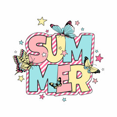 Cute picture with stars and butterflies. Summer  illustration. Stylish composition for printing on any surface