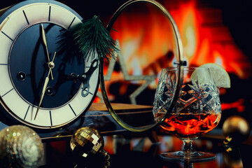 A table clock with an open glass cover surrounded by Christmas decorations against a backdrop of fire.