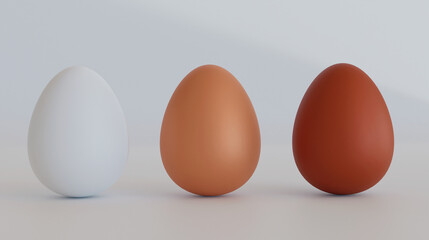 3d illustration of three eggs of various colors, 3d rendering