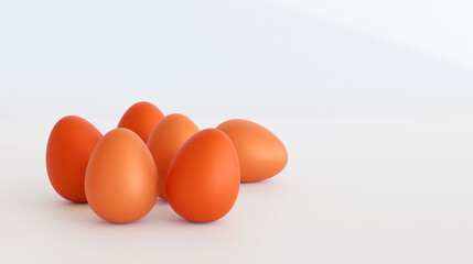 3d illustration of various eggs, white background, copy space, 3d rendering