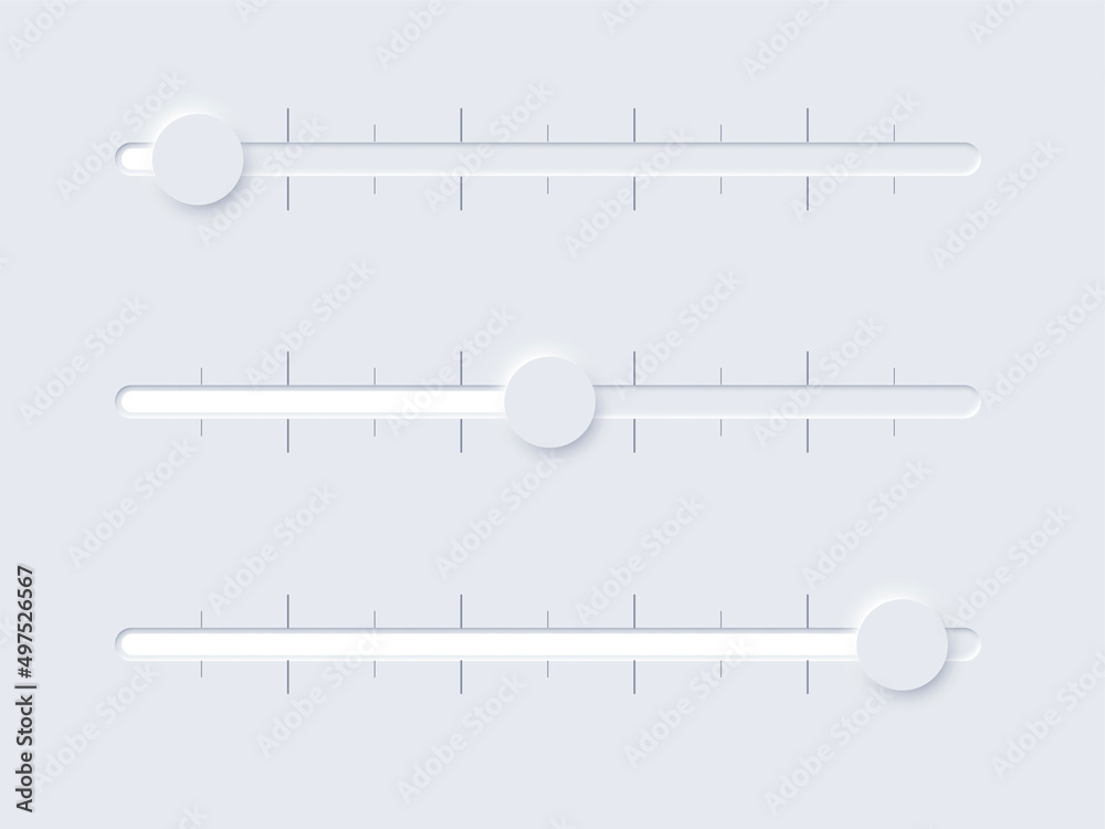 Poster neomorphism ui, switch volume slide bar set, soft user interface, slidebars for sound
