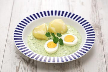 frankfurter green sauce with potatoes and boiled eggs, german cuisine