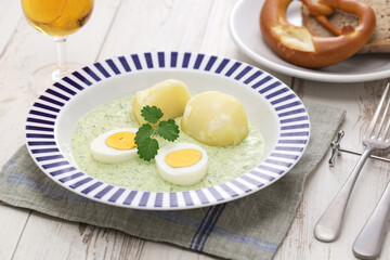 frankfurter green sauce with potatoes and boiled eggs, german cuisine