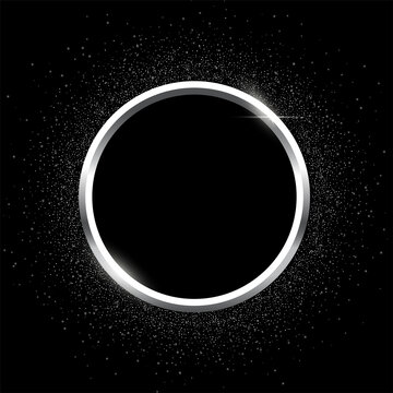 Silver round frame for picture with metallic glitter on black background. Blank space for painting, card or photo. 3d realistic modern circle template vector illustration. Simple metal object mockup