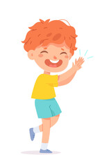 Applause action of cute red haired kid, happy boy clapping, child applauding to show admiration
