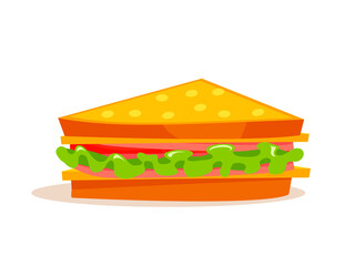 Sandwich with green lettuce leaves, sausages, tomato, cheese. Traditional ham and vegetable on toast. Fast food item isolated on white background. Vector breakfast meal.
