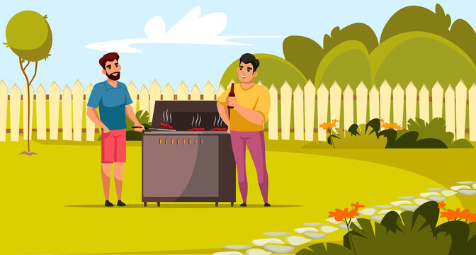 Happy friends grilling barbeque on green lawn near house, male characters cooking meat