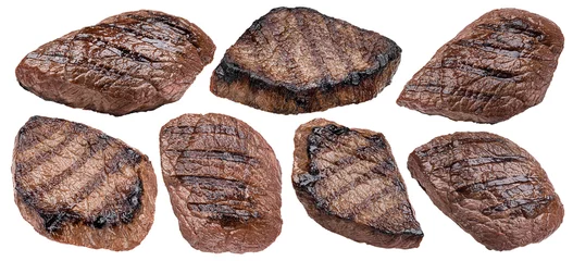 Poster Grilled beef steak isolated on white background © xamtiw