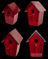 Wooden birdhouse for starlings from different angles. Birdhouse isolated on black background.