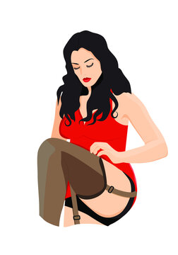 Sexual woman in stockings is isolated. Red dress. Vector illustration