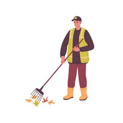 Janitor raking autumn leaf with tool. Worker from utility service works outdoors, cleaning street from leaves, trash in fall. Eco volunteer. Flat vector illustration isolated on white background