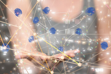 abstract lines with dots over dark background.