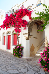 Fototapeta premium One of the charms of Pyrgos, a famous village of marble craftsmen in Tinos, in the Cyclades, in the heart of the Aegean Sea, are the narrow cobbled streets with white houses and flowers