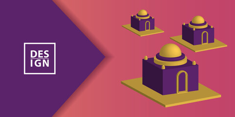 Purple eid al fitr background with three simple 3d vector mosque.