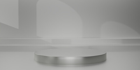 3D render Shiny silver round pedestal  with light and shadow on white studio backdrops. Blank display or clean room for showing product. Minimalist mockup for podium display or showcase. 3D rendering.