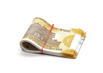 Closeup shot of a bundle of 200 Indian Rupees isolated on a white background