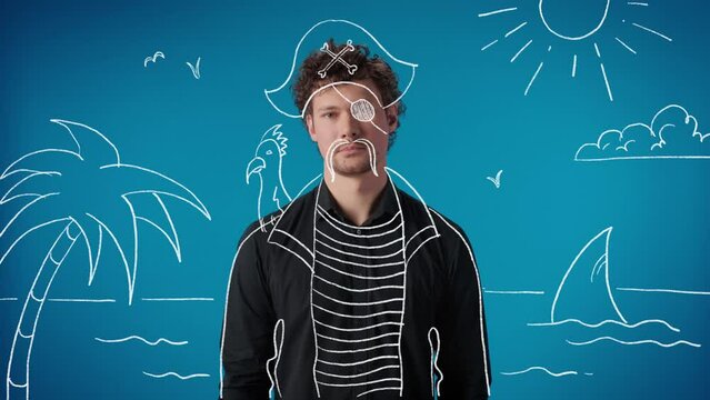 Portrait funny man pirate with parrot on shoulder uninhabited island motion design graphic animation
